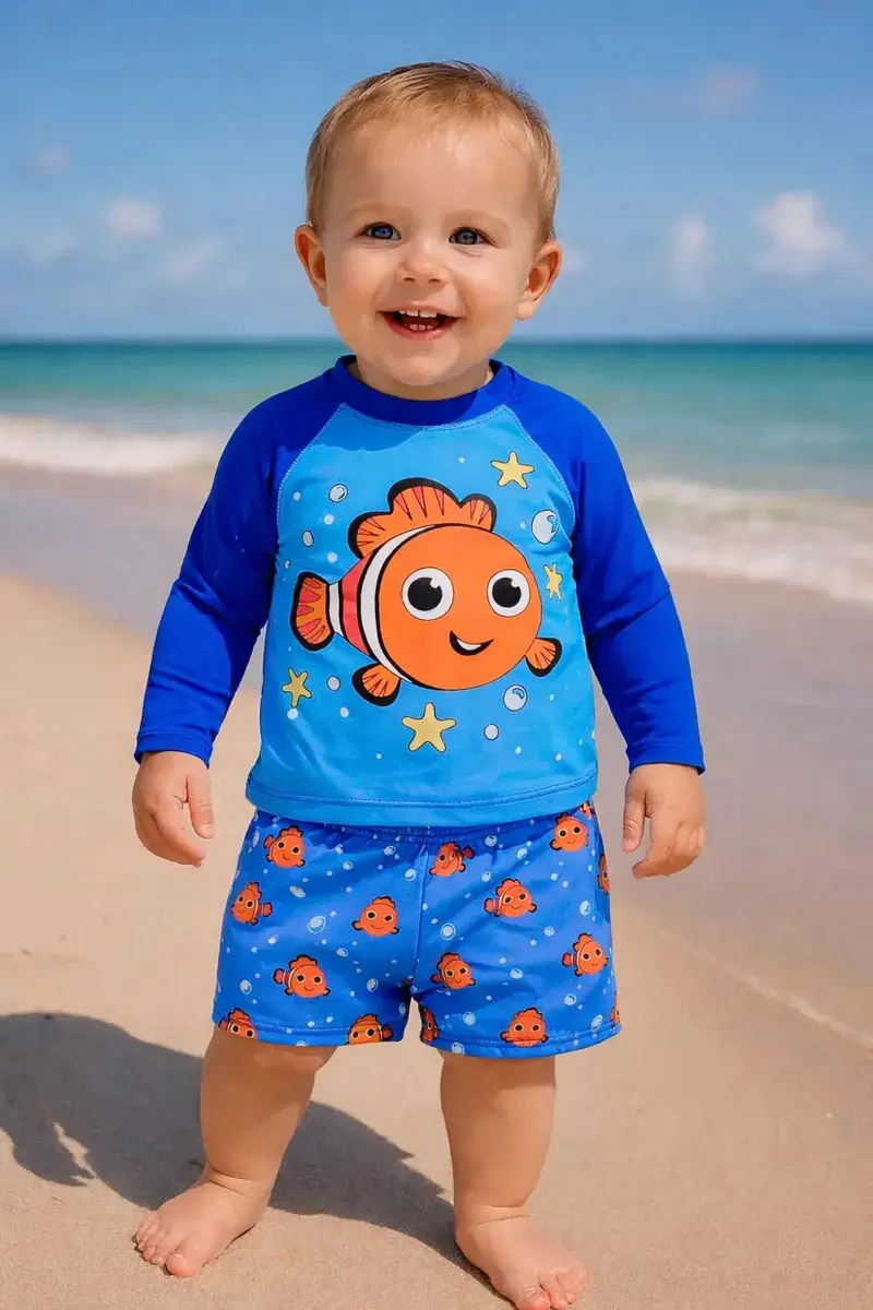 Conjunto Camisa Sunga Proteção Solar Uv 50+ Bebê Infantil Cor Ciano Tamanho 12-18 M