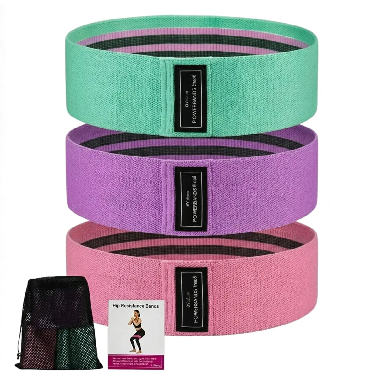 Kit 3 Faixas Elásticas de Tecido Hip Band Para Treino e Agachamento (Não Enrola) - 3 Níveis de Resistência, Elásticos de Pernas e Glúteos + Bolsa