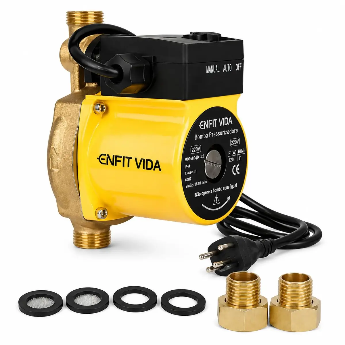 Bomba Pressurizadora de Água Automática 220V 120W, Altura 11m, Ultra Silenciosa 33dB, Motor de Cobre, IP44, Resistente a Altas Temperaturas, Vazão 28L/min, para Chuveiros, Aquecedor Solar e Torneiras