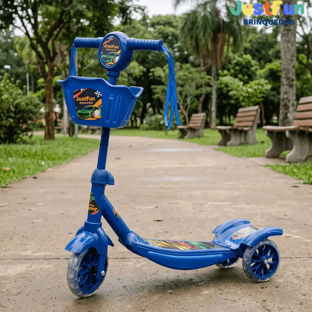 Patinete Infantil 3 Rodas Com Led Cesto Guidão Ajustável JustFun Brinquedos Cor Azul