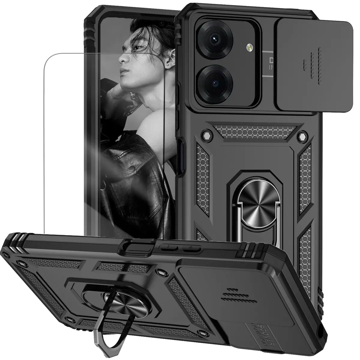 Capa para Redmi 13C e Xiaomi Poco C65 Capinha | com 2 peças de protetor de tela temperado com janela deslizante da câmera e suporte para telefone incluídos - Preto - 1