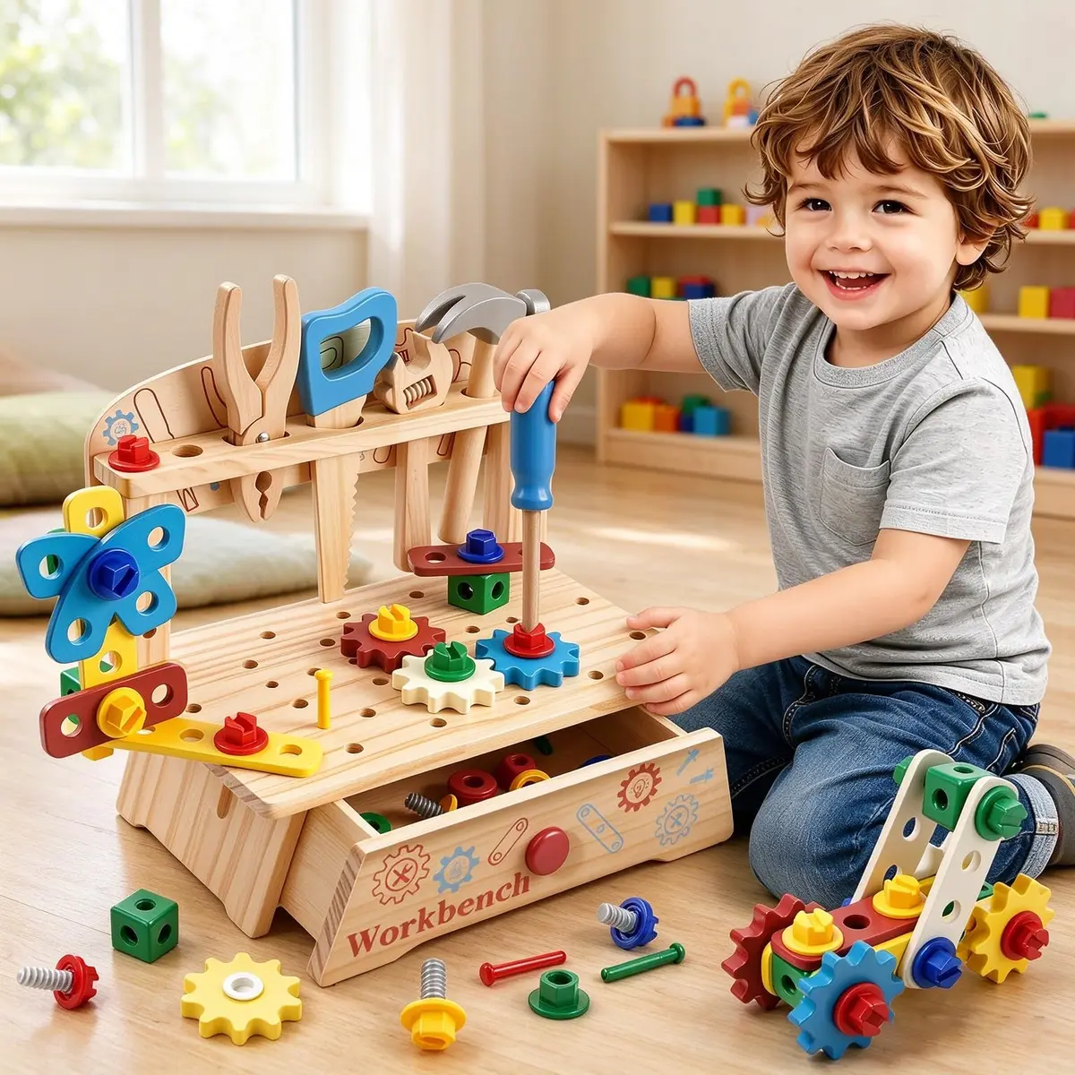 Bancada Ferramentas Madeira STEM Brinquedo Montessori Construção Infantil | Bancada de Ferramentas Infantil em Madeira Educativo Brinquedo para Crianças INMETRO com Parafusos, Engrenagens e Acessórios