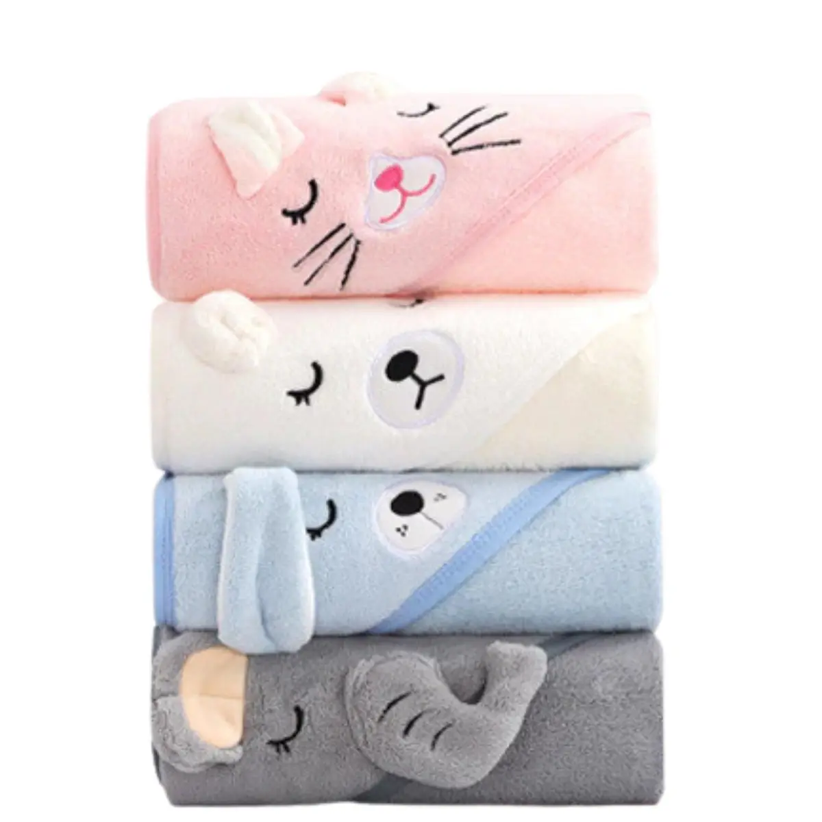 Kit 4 Toalha de Banho Infantil com Capuz Extra Macia, Felpuda, Bichinhos Orelhinhas 80x80cm,Cores Sortidas Neutras,para Bebê e Criança Unissex - 1