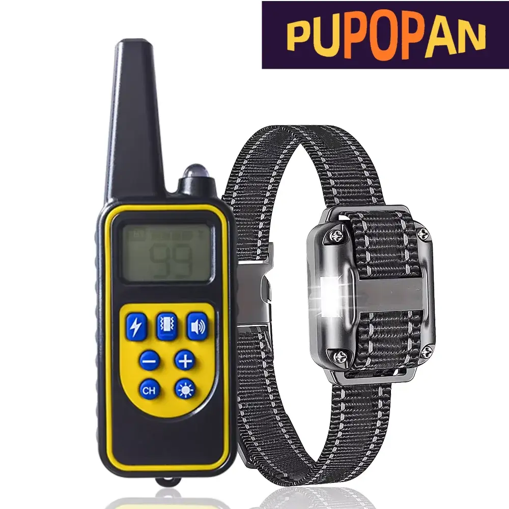 Coleira de treinamento para cães Pupopan com controle remoto IP67 à prova d'água coleira E para treinamento de cães com som vibratório e modos de luz