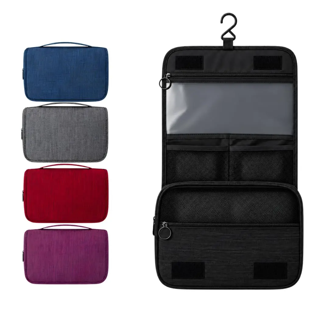Necessaire Organizadora de Viagem Com Gancho Para Pendurar e Zíper | Preto | Com alça de mão, oferece praticidade no transporte e armazenamento de cosméticos e itens pessoais no dia a dia.