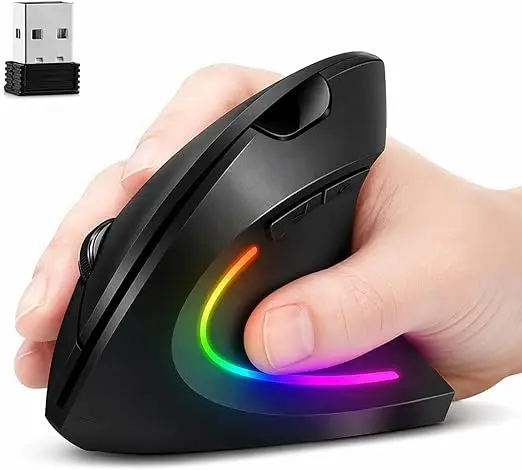 Mouse Vertical Ergonômico Sem Fio Recarregável RGB, Cliques Silenciosos, Posição da Mão Correta, Evita Inflamações no Pulso e Tendões, Trabalho, Jogos e Estudos, Compatível com Windows, Mac, Notebook