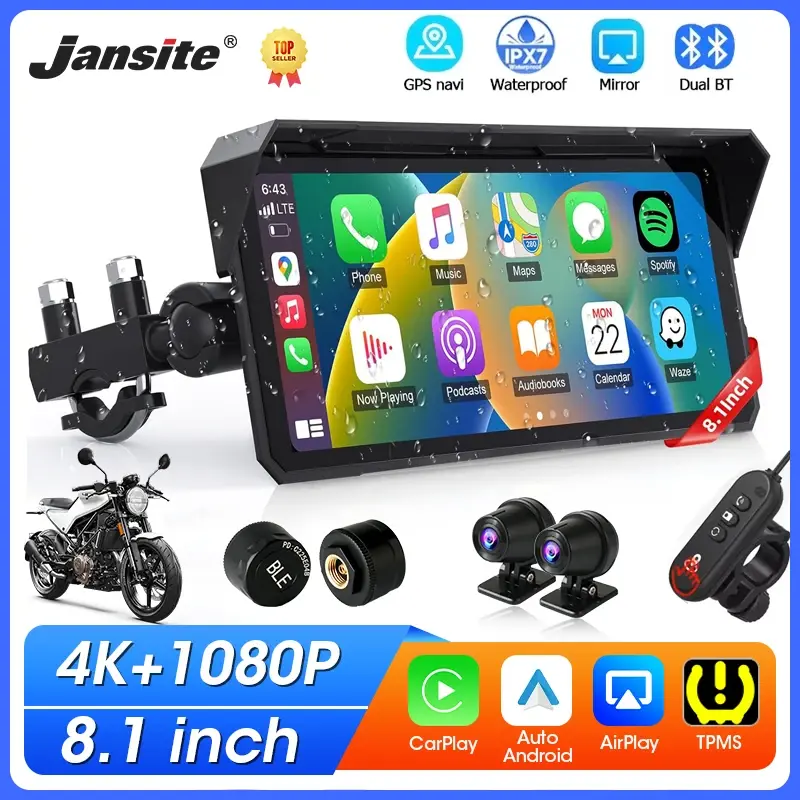 Tela Jansite de 8.1 Polegadas 4K para Motocicleta com CarPlay, Câmera Dash 4K, Android Auto Sem Fio, Navegação GPS Bluetooth, Display à Prova d'Água IPX7 - 1
