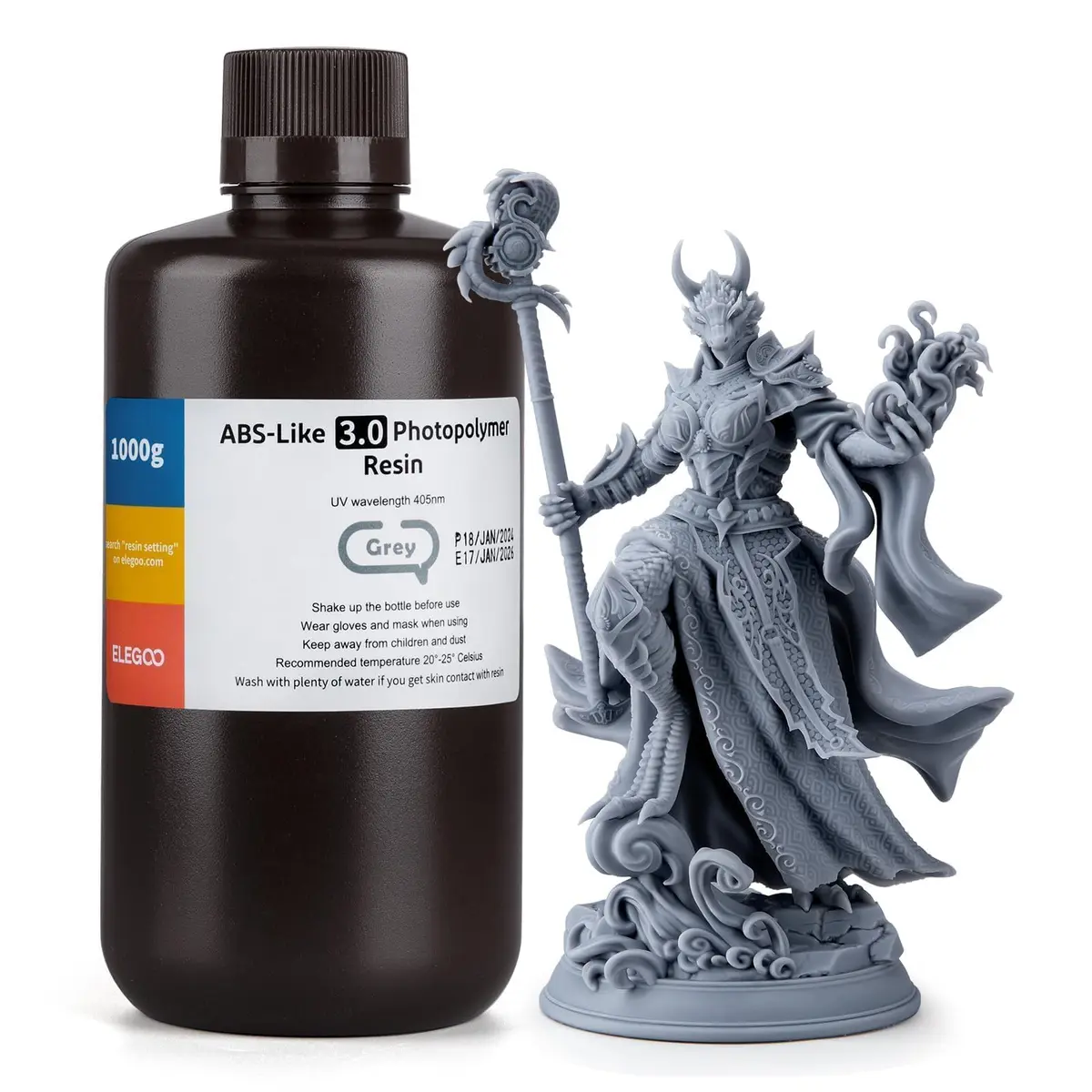 ELEGOO ABS-Like Resina 3.0 para impressora 3D Cinza 1KG - Resina de fotopolímero padrão de cura UV 405nm para impressão 3D LCD/MSLA/DLP