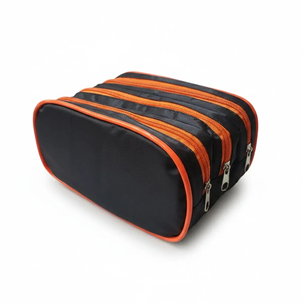 Estojo Escolar Triplo com 3 Compartimentos, Poliéster Resistente, Costura Reforçada, Grande Organizador para Lápis e Canetas (Preto com Laranja) - 1