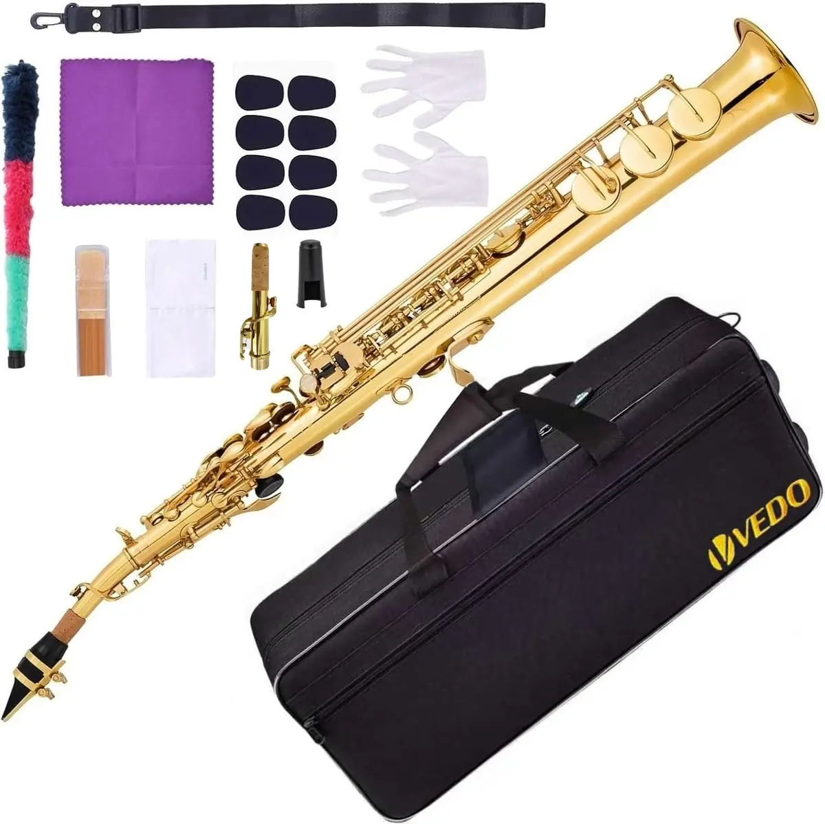VEDO Saxofone Soprano Em Bb, Instrumento De Tubo Reto, Campana Integrado, Adequado Para Iniciantes E MúSicos NíVel IntermediáRio, Estojo, Boquilha, Sapatilhas, Palhetas, Kit Limpeza, Correia, Ouro - 1
