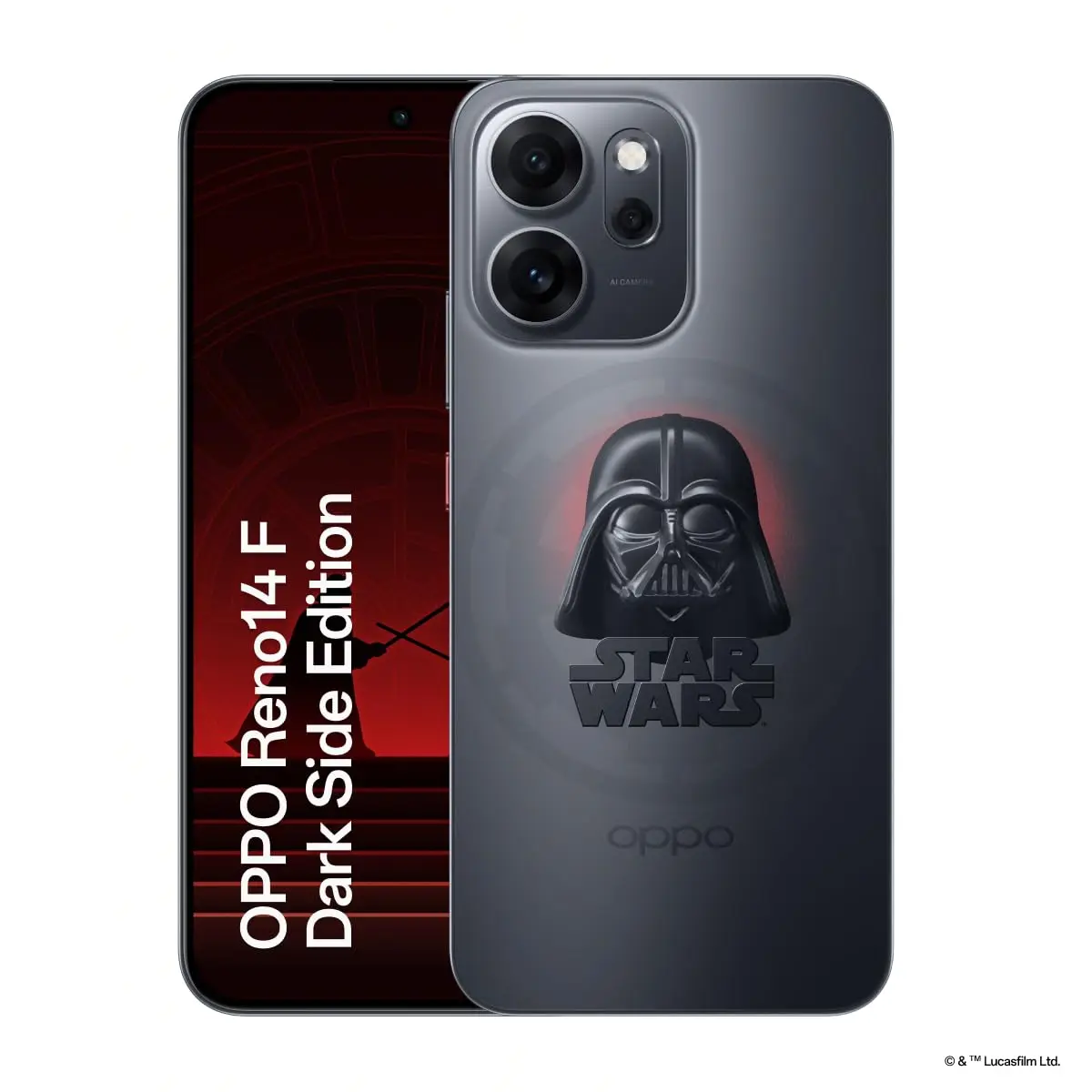 Smartphone OPPO Reno 14 F Dark Side Edition 256GB 12GB RAM | Edição exclusiva Star Wars Dark Side, tela 120Hz, IP69 e bateria de 6000mAh