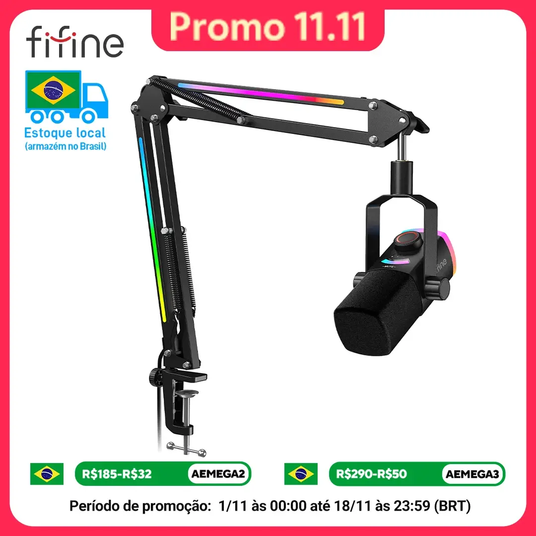 FIFINE Kit de Microfone para Jogos com Braço RGB e Armadura, Conjunto de Microfone Dinâmico XLR/USB com Função de Silenciar ao Pressionar, Controle de Mistura - AM8PROT