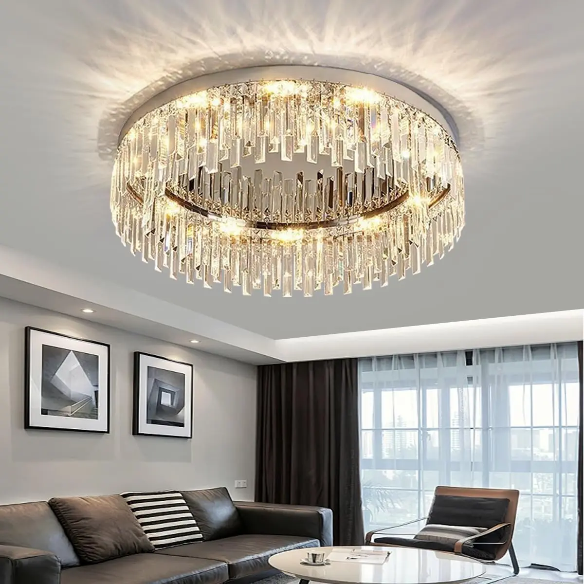 Luminária de Teto Moderna de Cristal com Acabamento Cromado e Prateado | Lustre Pendente Embutido para Corredor, Cozinha, Sala, Quarto, Banheiro e Entrada (Diâm. 60cm)
