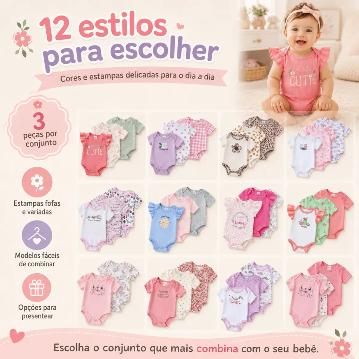 Conjunto com 3 Bodies para Bebê Menina Manga Curta Floral e Bordado Tecido Macio e Respirável