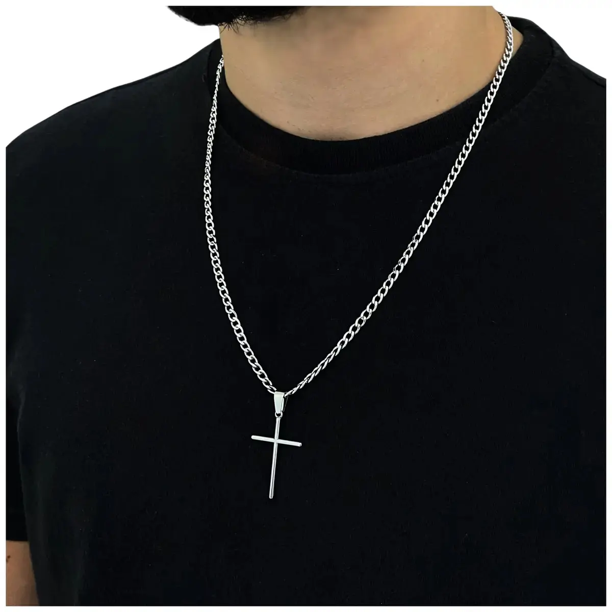 Corrente Cordão Masculino Grumet Aço Inox Cruz Crucifixo Colar Correntinha Masculina Para Presente Cor Prata Prateado 70cm