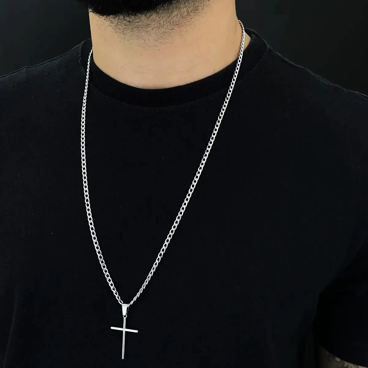 Corrente Cordão Masculino Grumet Aço Inox Cruz Crucifixo Colar Correntinha Masculina Para Presente Cor Prata Prateado 70cm thumbnail 3