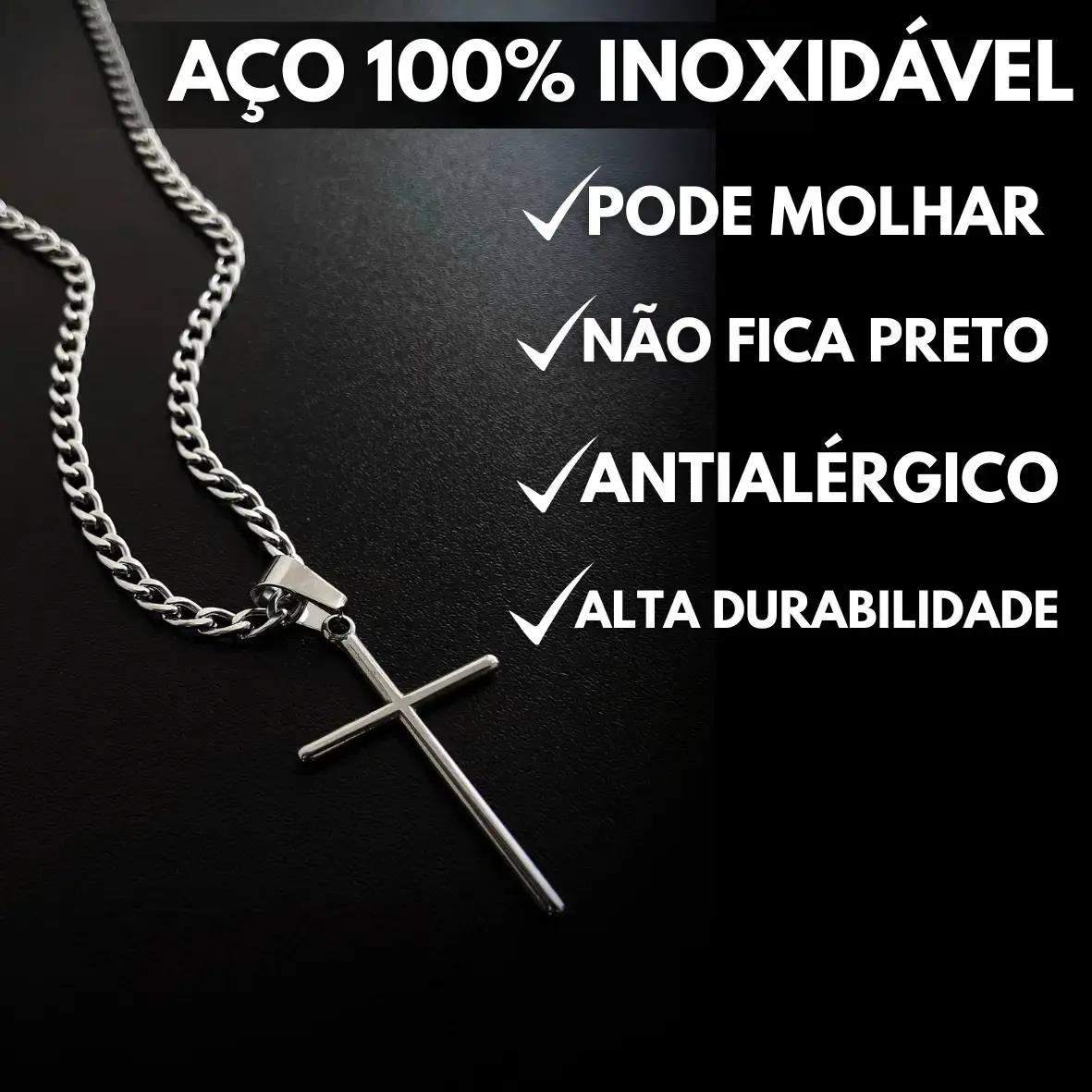 Corrente Cordão Masculino Grumet Aço Inox Cruz Crucifixo Colar Correntinha Masculina Para Presente Cor Prata Prateado 70cm thumbnail 4