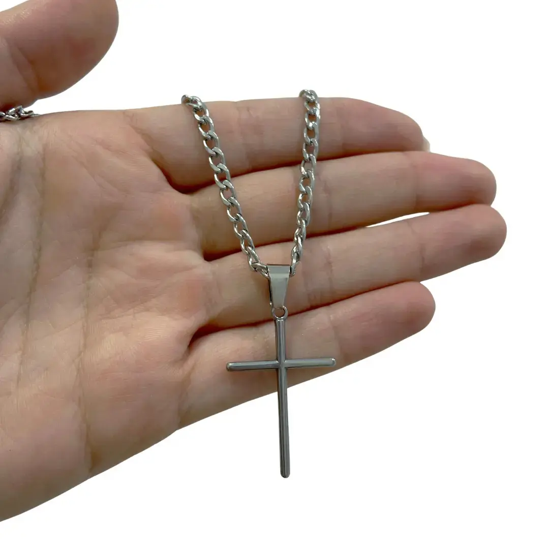 Corrente Cordão Masculino Grumet Aço Inox Cruz Crucifixo Colar Correntinha Masculina Para Presente Cor Prata Prateado 70cm thumbnail 5