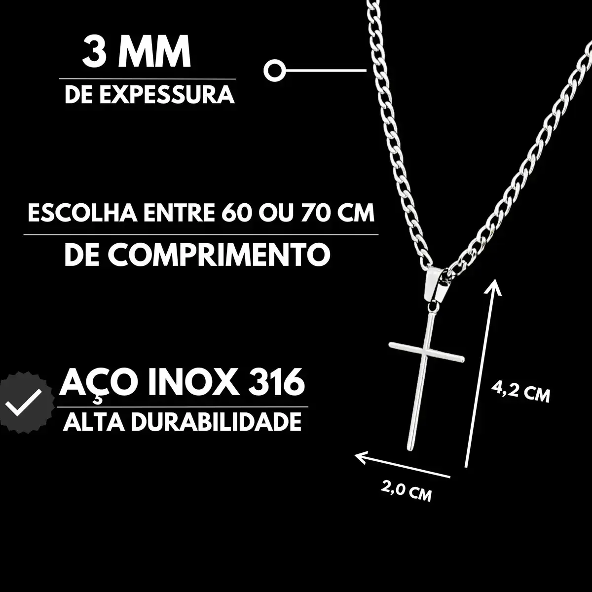 Corrente Cordão Masculino Grumet Aço Inox Cruz Crucifixo Colar Correntinha Masculina Para Presente Cor Prata Prateado 70cm thumbnail 6