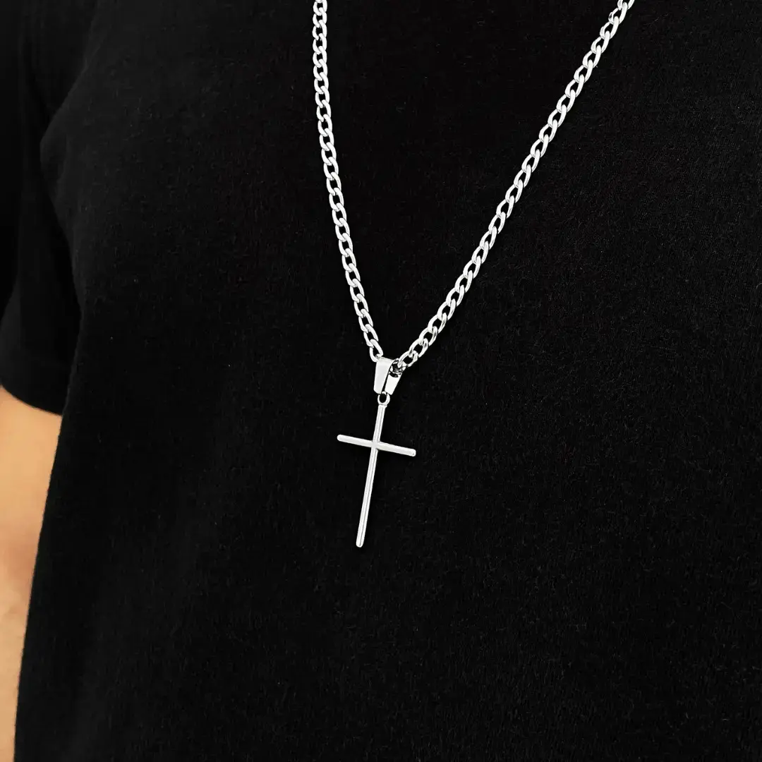 Corrente Cordão Masculino Grumet Aço Inox Cruz Crucifixo Colar Correntinha Masculina Para Presente Cor Prata Prateado 70cm thumbnail 7