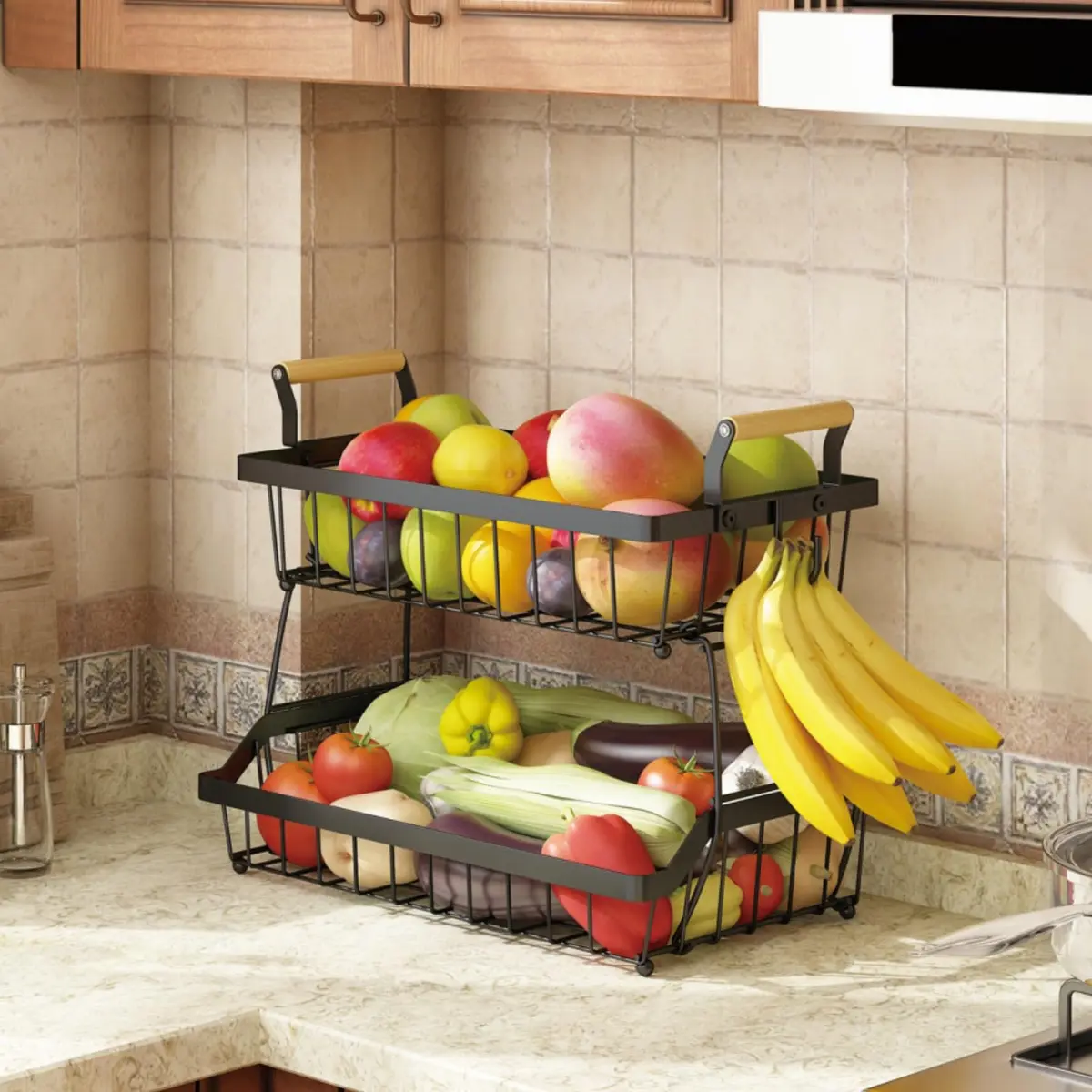 Fruteira de Mesa 2 Níveis com Gancho, Organizador de Armazenamento Multiuso para Cozinha, Sala de Estar e Banheiro - 1