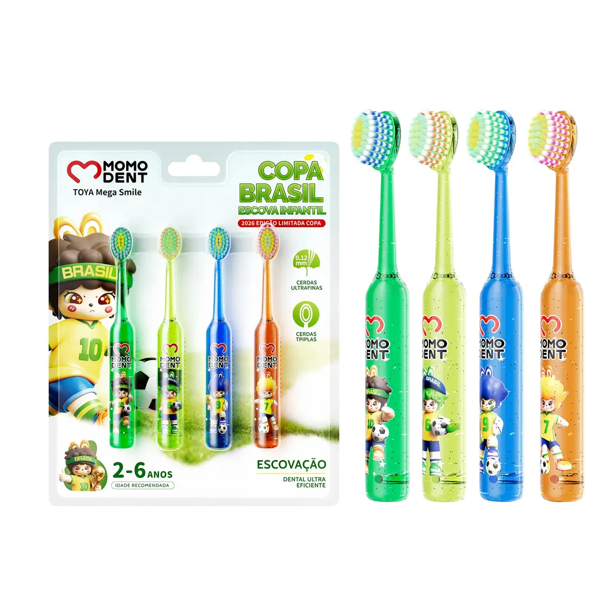 MOMODENT Escova de Dente Infantil 4 Unidades, Para Crianças de 2-6 Anos | Cerdas Ultra Macias, Proteção da Gengiva, Tema Futebol, Cabo Transparente Tipo Cristal