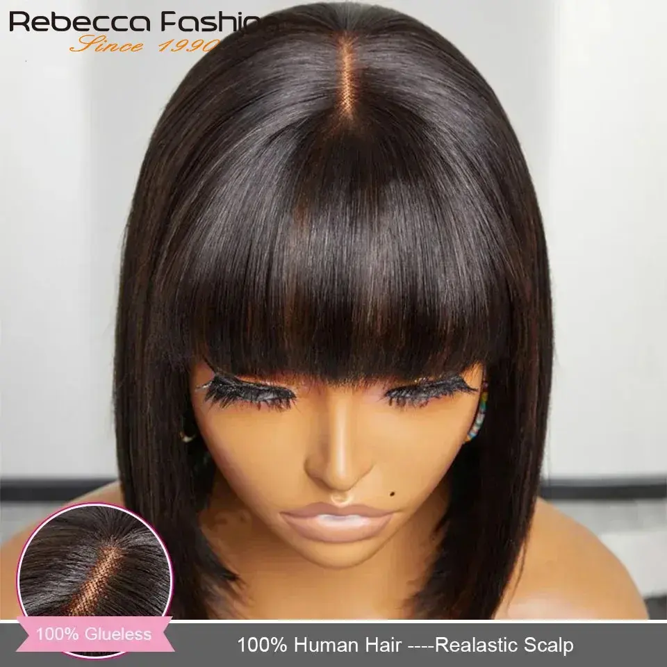 Perucas de cabelo humano reto com franja parte média bob perucas de renda realista couro cabeludo brasileiro em linha reta bob perucas de renda com franja