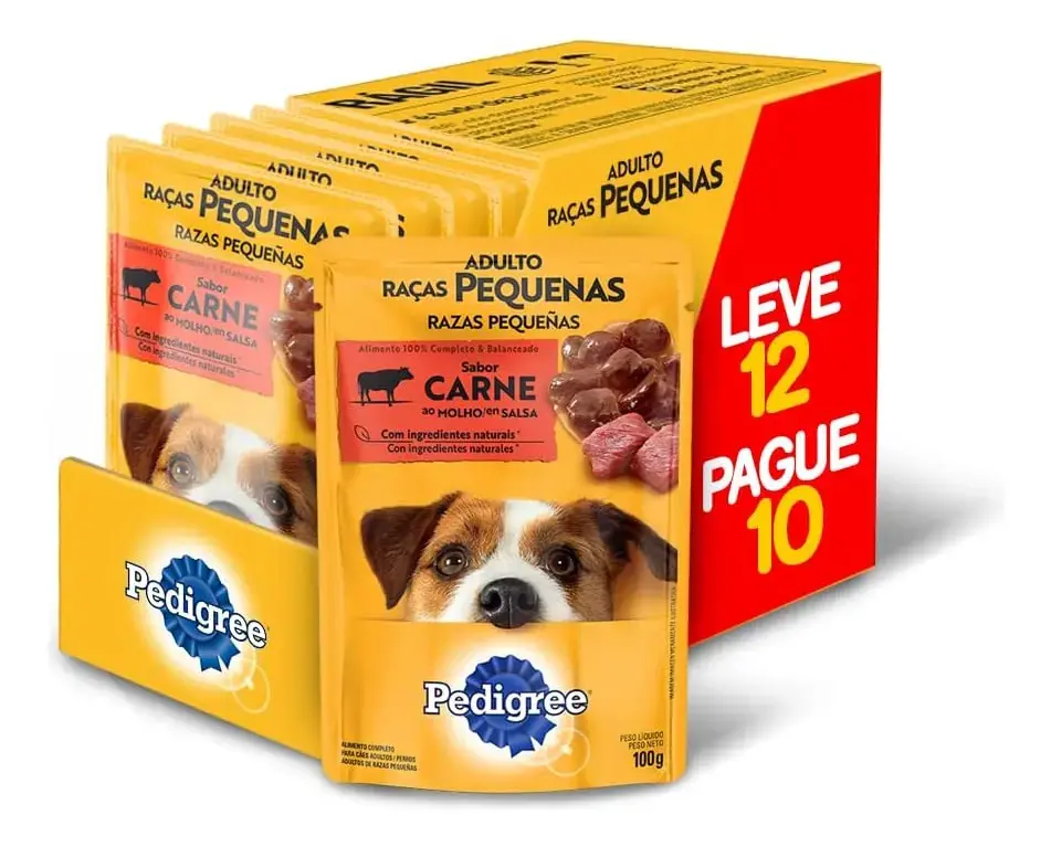 Ração Úmida Pedigree para Cão Adulto de Raças Pequenas Sabor Carne ao Molho - Kit com 12 Sachês de 100g