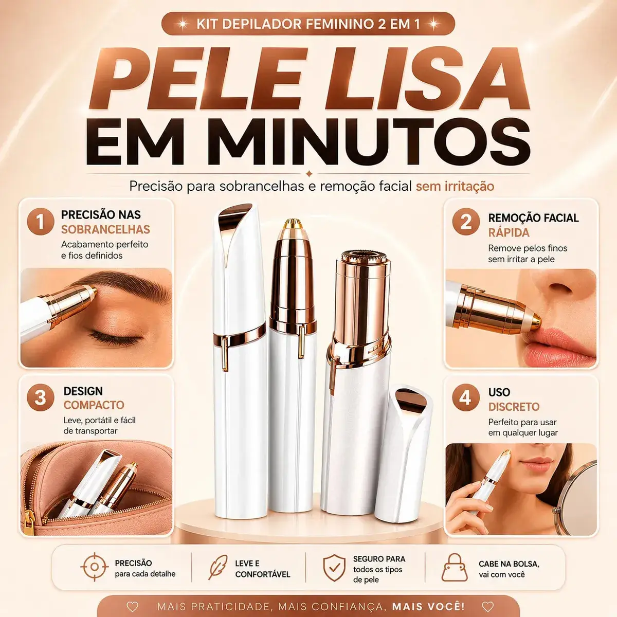 Kit Caneta Depiladora Sobrancelha + Batom Depilador Buço Recarregável Profissional Designer Facial Campus Ecom thumbnail 2