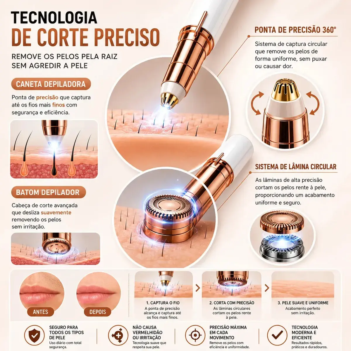 Kit Caneta Depiladora Sobrancelha + Batom Depilador Buço Recarregável Profissional Designer Facial Campus Ecom thumbnail 3