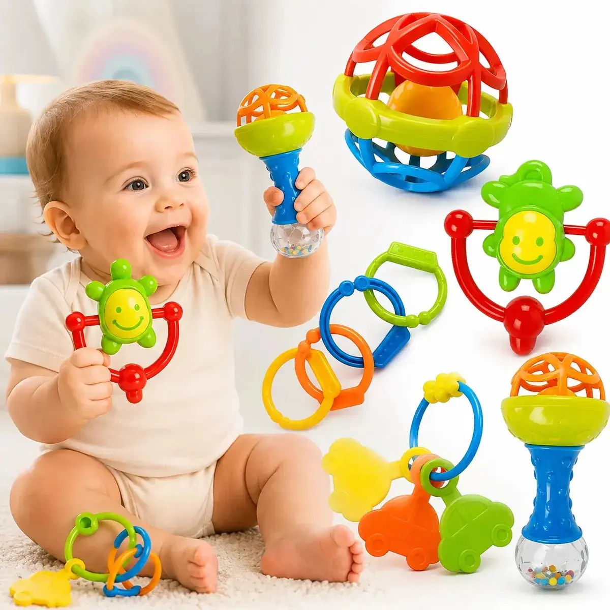 Kit Chocalho Bebe E Mordedores 8 Peças Estímulo Sensorial Brinquedo Educativo