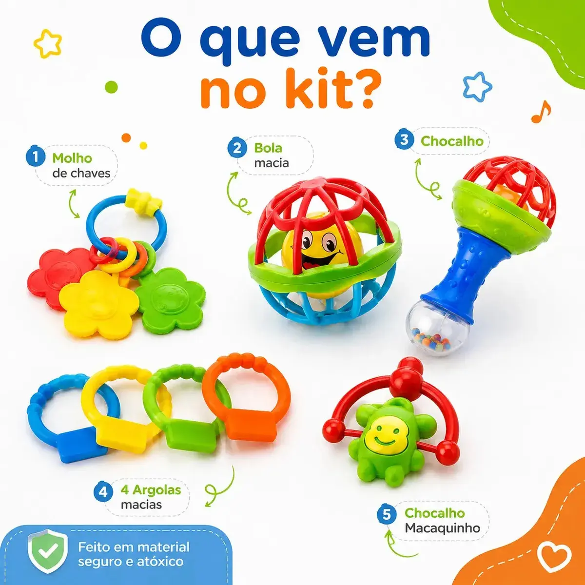 Kit Chocalho Bebe E Mordedores 8 Peças Estímulo Sensorial Brinquedo Educativo thumbnail 2