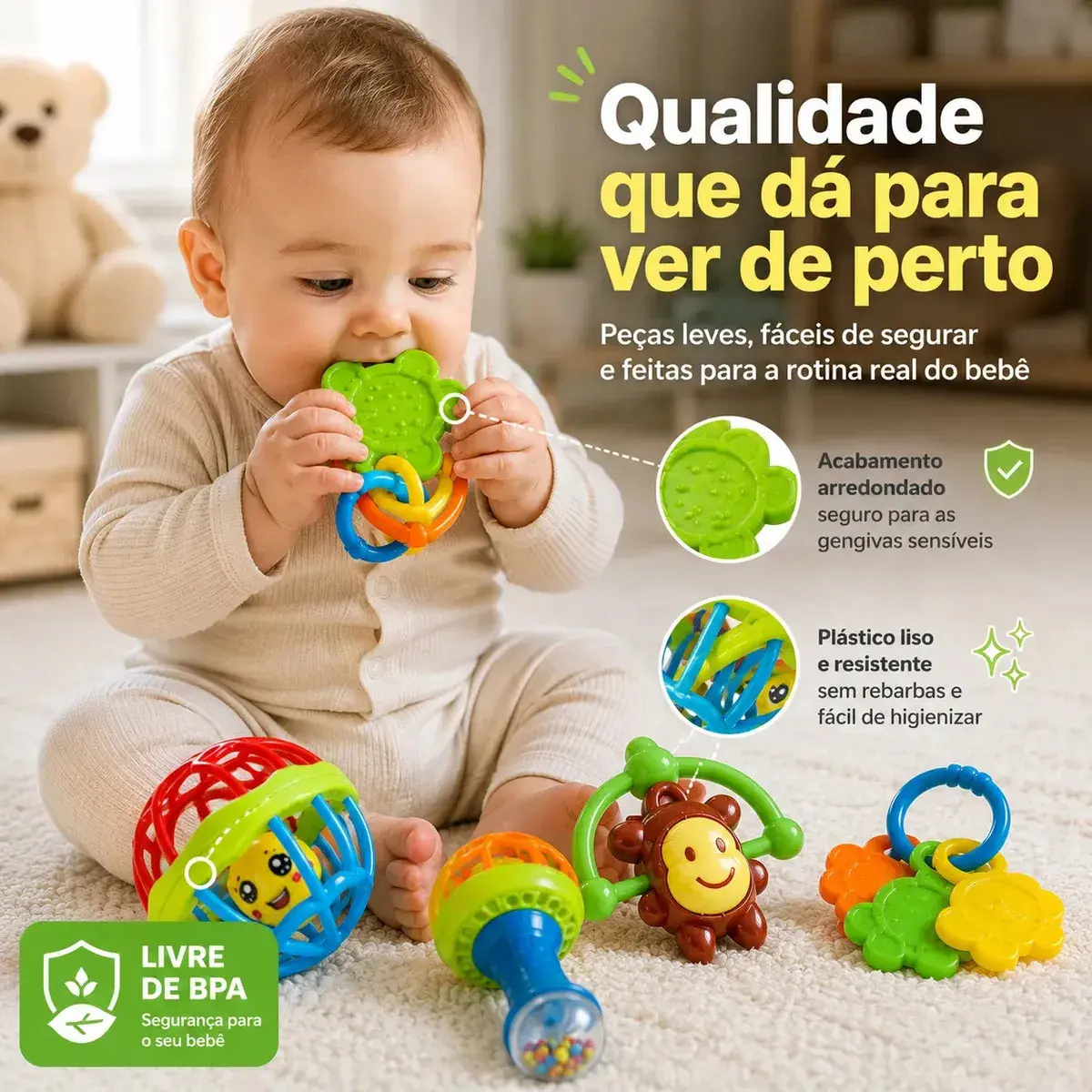 Kit Chocalho Bebe E Mordedores 8 Peças Estímulo Sensorial Brinquedo Educativo thumbnail 3