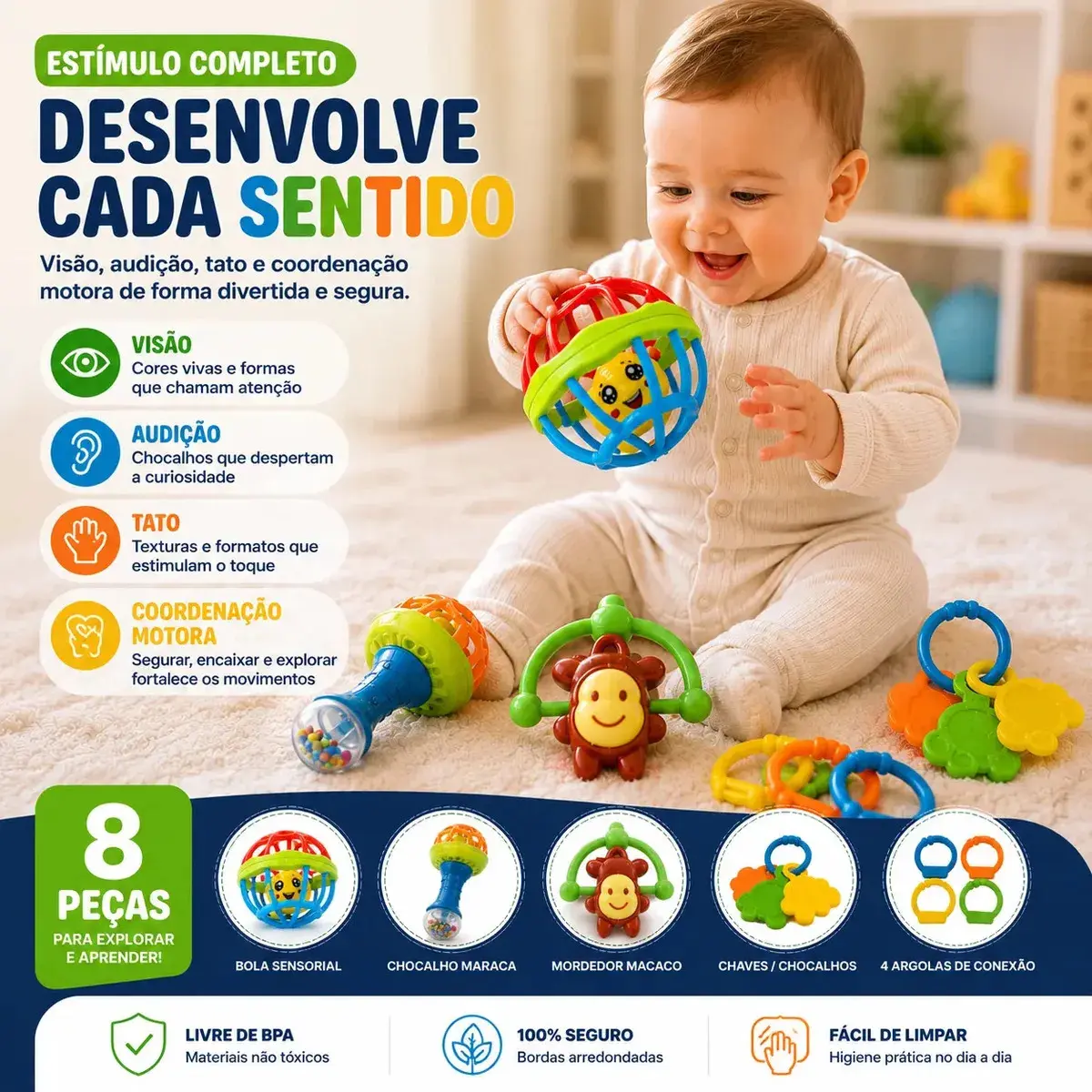 Kit Chocalho Bebe E Mordedores 8 Peças Estímulo Sensorial Brinquedo Educativo thumbnail 4