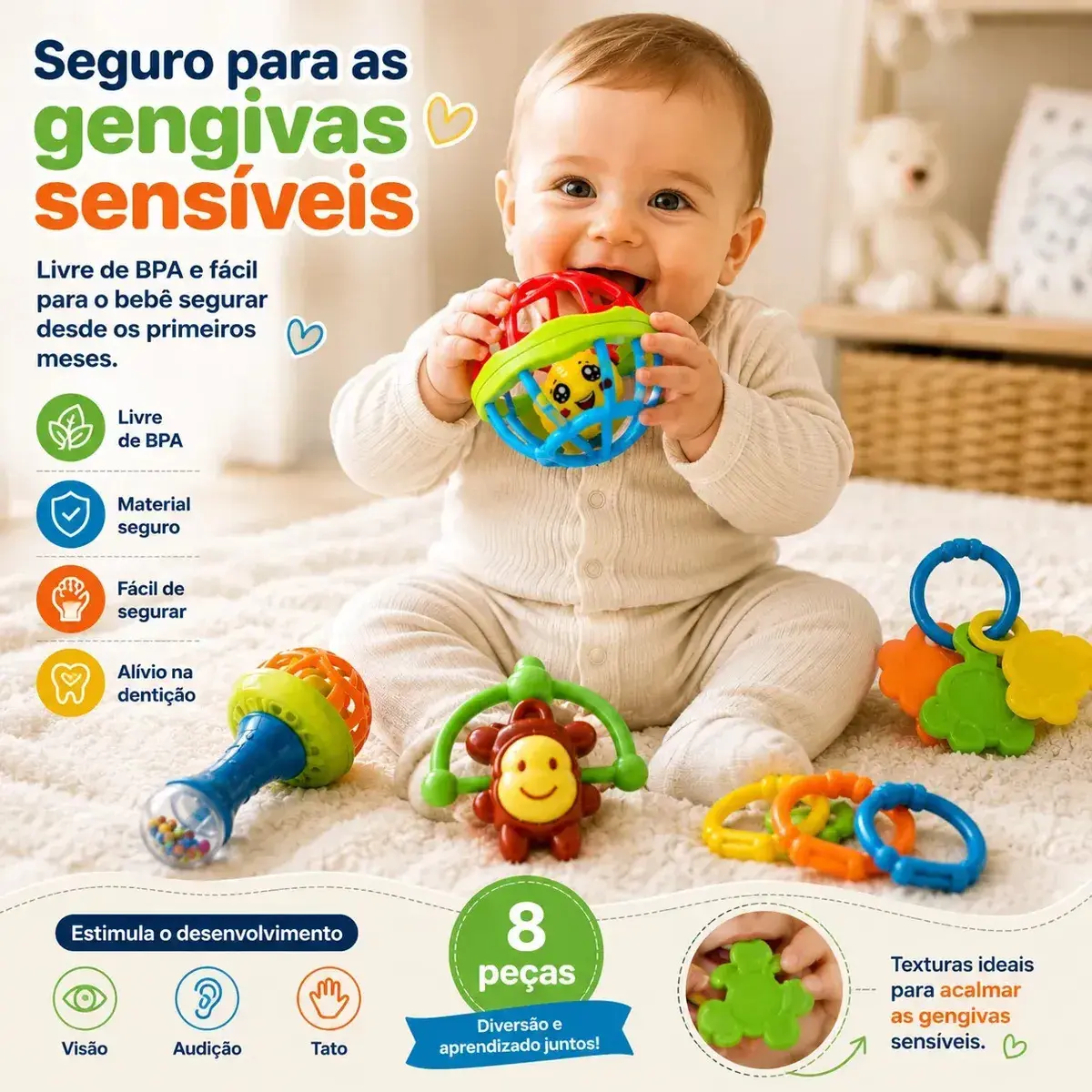 Kit Chocalho Bebe E Mordedores 8 Peças Estímulo Sensorial Brinquedo Educativo thumbnail 5