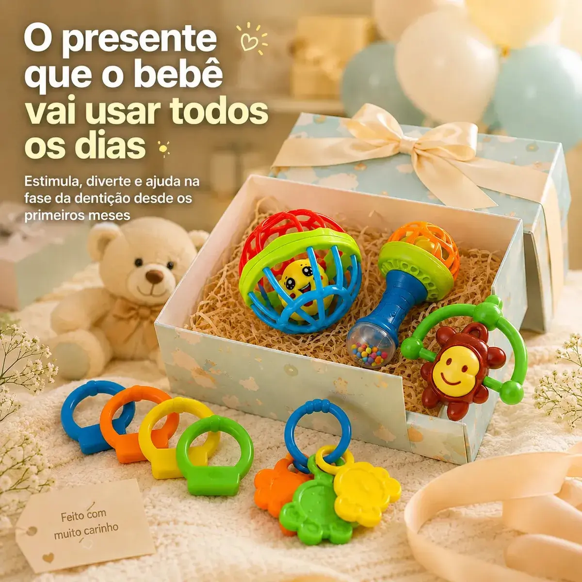 Kit Chocalho Bebe E Mordedores 8 Peças Estímulo Sensorial Brinquedo Educativo thumbnail 6