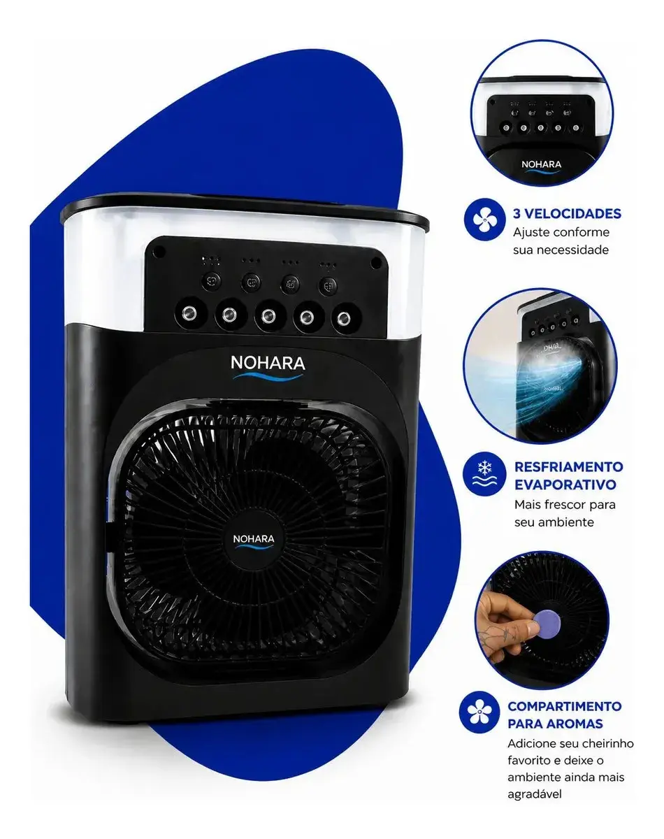 Climatizador de Ar Portátil NOHARA 600ml Ventilador Umidificador LED RGB 3 Velocidades Timer USB para Quarto Sala Escritório Cozinha Preto 26cm