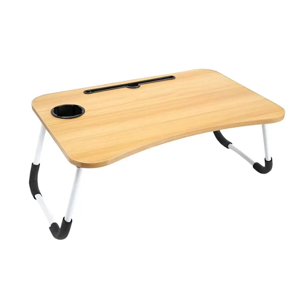 Mesa Dobrável Portátil para Notebook com Suporte para Celular e Porta‑Copos – Ideal para Home Office e Estudos (Madeira)