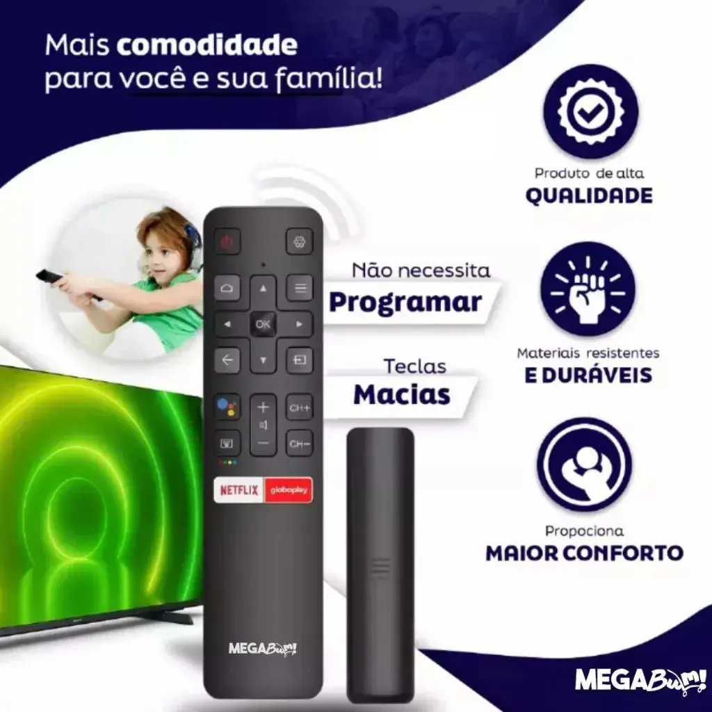 Kit 2 Controle Remoto Para Tv Tcl 4k Smart Android Teclas Netflix E Globoplay Megabum thumbnail 5