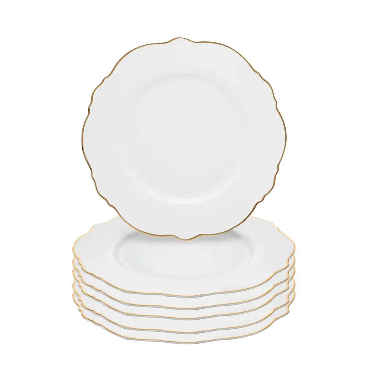 WOLFF - Conjunto 6 Pratos Rasos de Porcelana Maldivas Branco com Fio de Ouro 28cm x 2cm