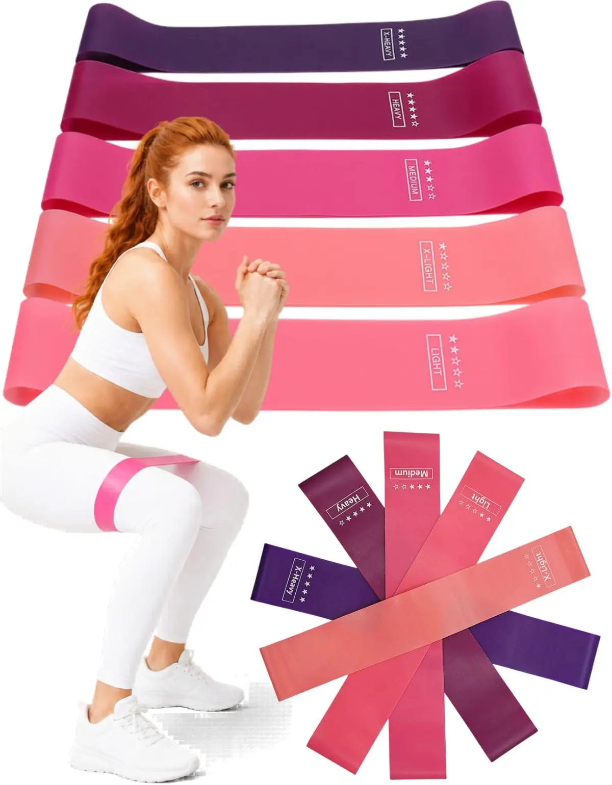 Kit com 5 Elástico para Exercício Mini Bands para Pernas e Glúteos, 5 Níveis, Látex Natural Para Musculação em Casa, Academia e Alongamento