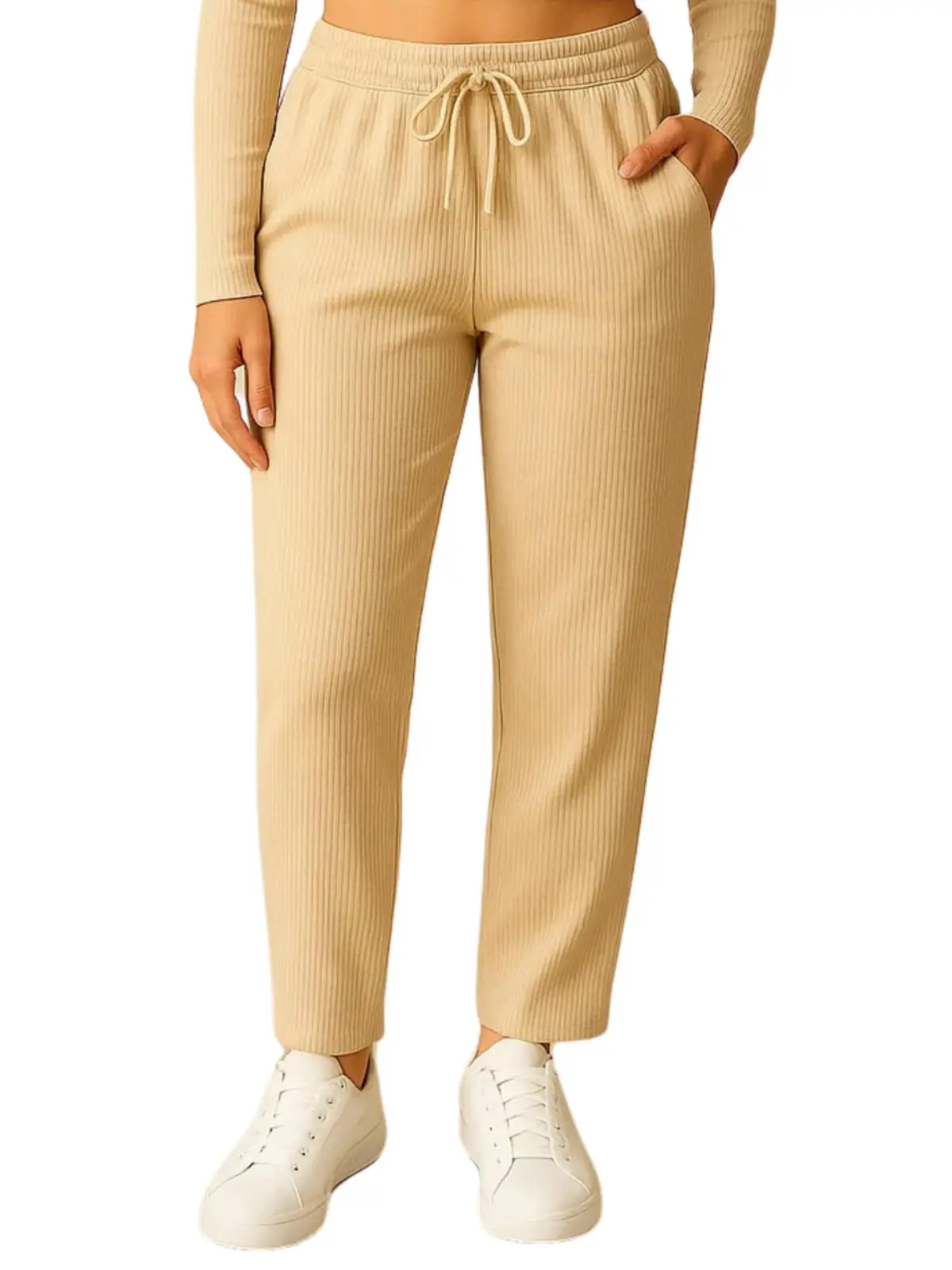 Calça Pantalona Canelada Wide Leg Feminina, Cintura com Elástico