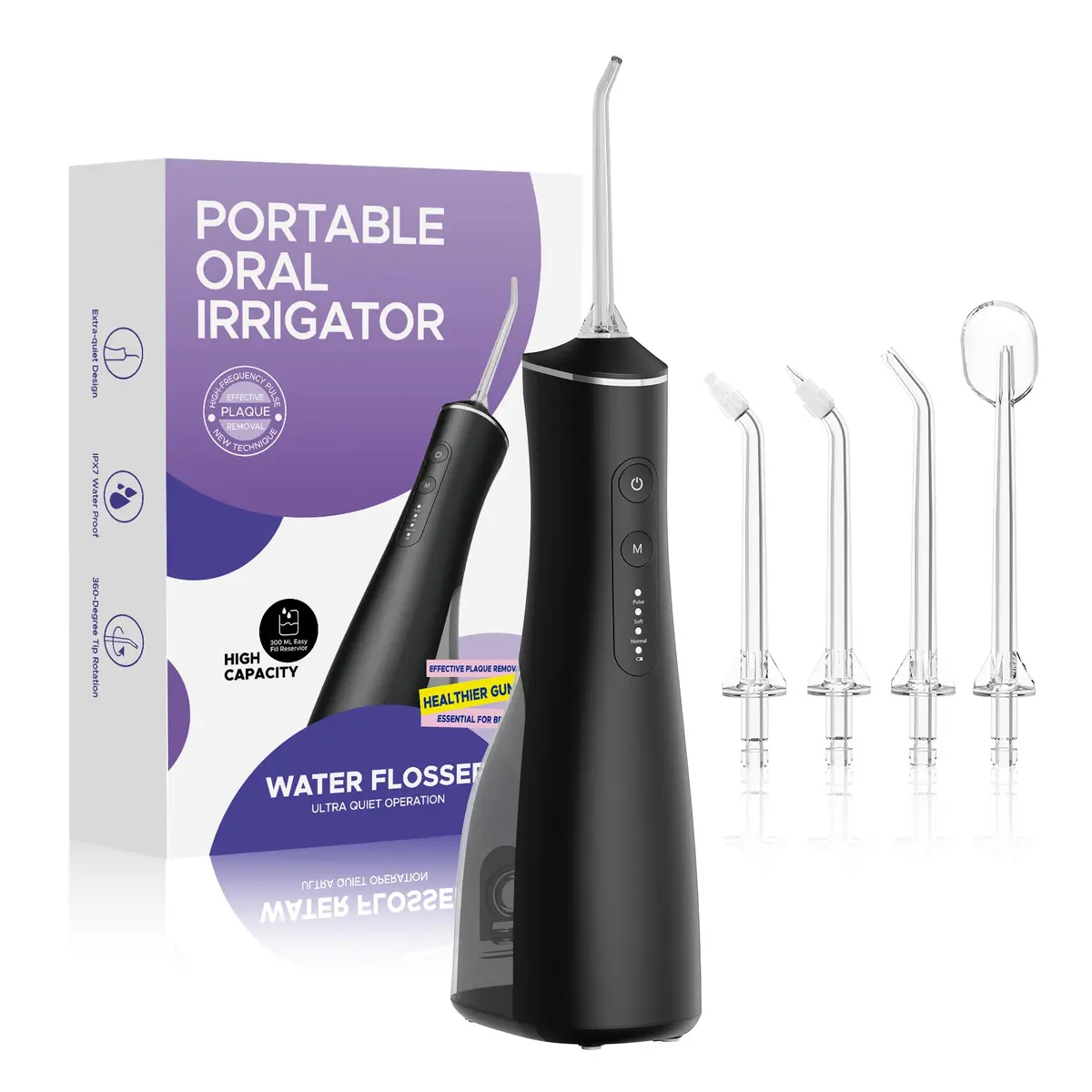 OralGos Irrigador Oral Bivolt com 3 Modos, Jato de Água Ajustável Fio Dental de Água, USB Recarregável, IPX7, 4 Bicos, 300ML Irrigador Bucal Portátil para Viagem e Casa (Preto) - 1