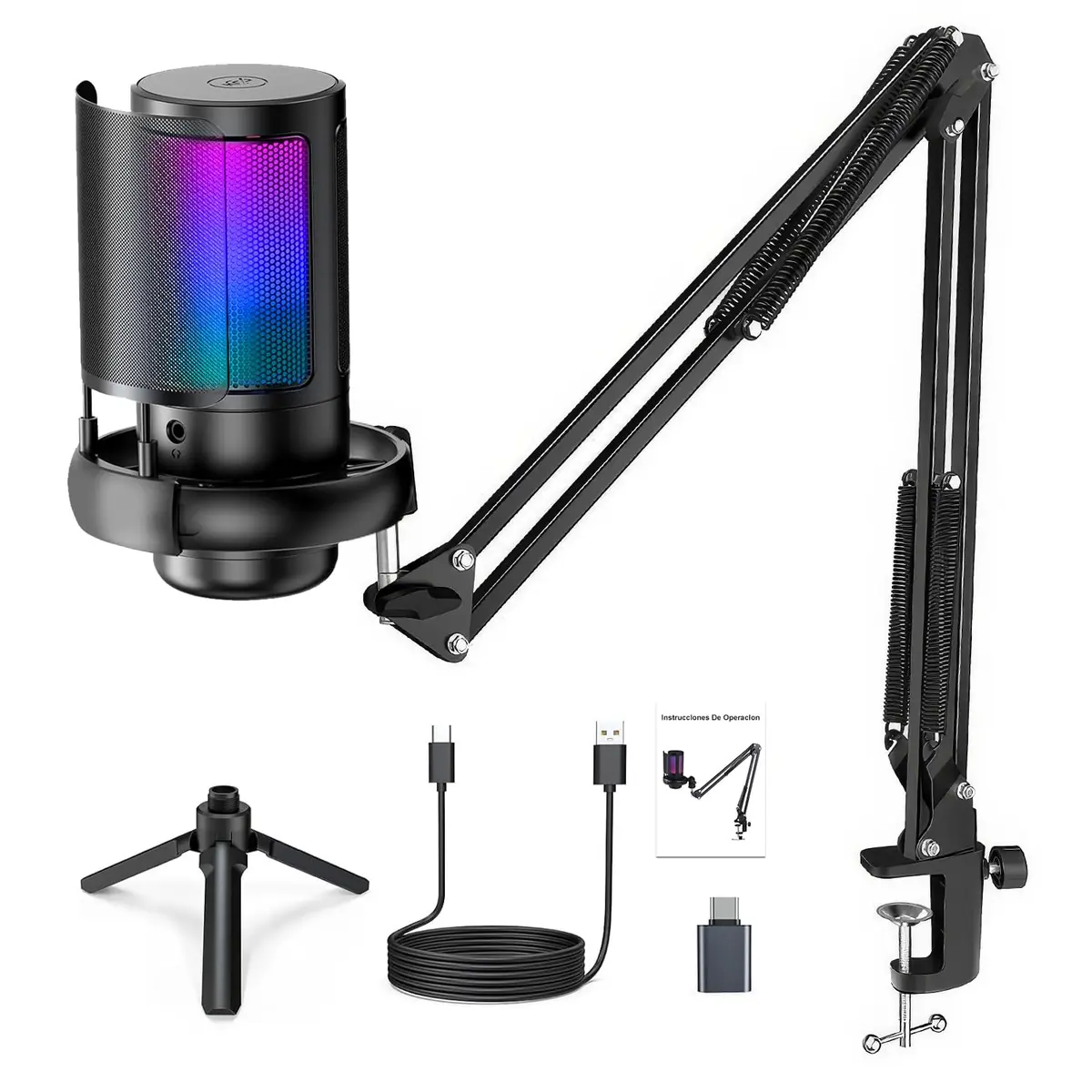 Microfone USB Gaming PC, Microfone RGB para PC/Notebook, Mic with Boom Arm, Microphone Condensador de mesa/Braço, Live, Podcast, Gravação de Audio, Karaoke, Gamer Youtuber DJ. - 1