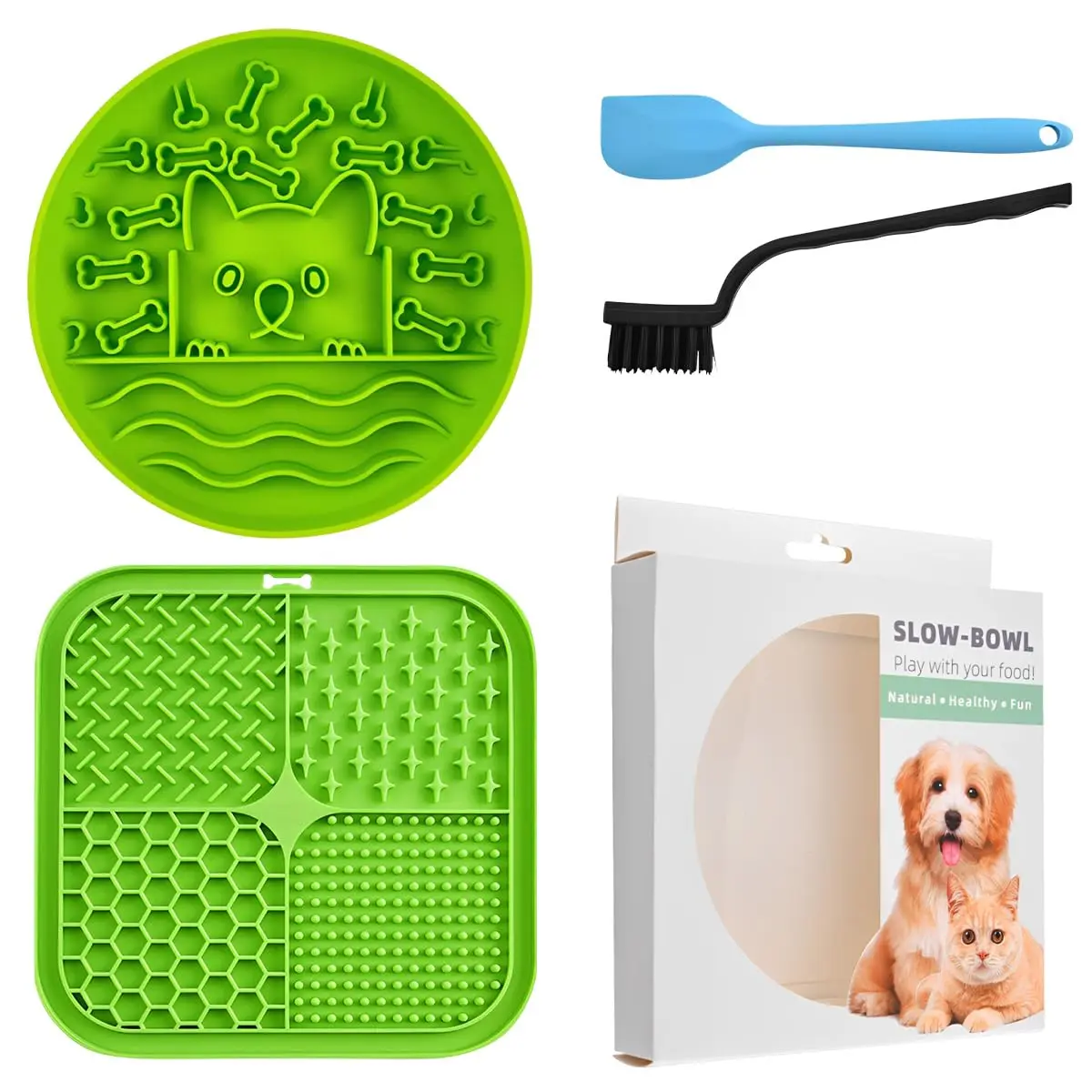 Prato de Comida Lenta com Ventosa, Tapete Antiderrapante de Silicone e Acessórios de Limpeza Inclusos, Kit Redutor de Velocidade para Cães e Gatos (Verde) - 1