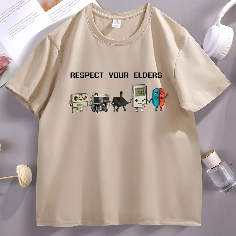 Camiseta Vintage Respeite os Mais Velhos, Camiseta Retrô Engraçada de Controle Antigo, Camiseta de Gamer para Vovô, Camisetas de Jogos, Gola Redonda, Roupas Soltas