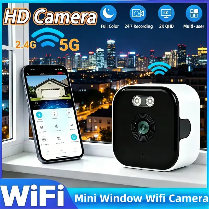 Câmera de Segurança Interna com Visão Noturna 3MP 1080P HD WiFi 2.4/5GHz, Montagem Adesiva, Monitoramento Remoto via Celular para Segurança Doméstica