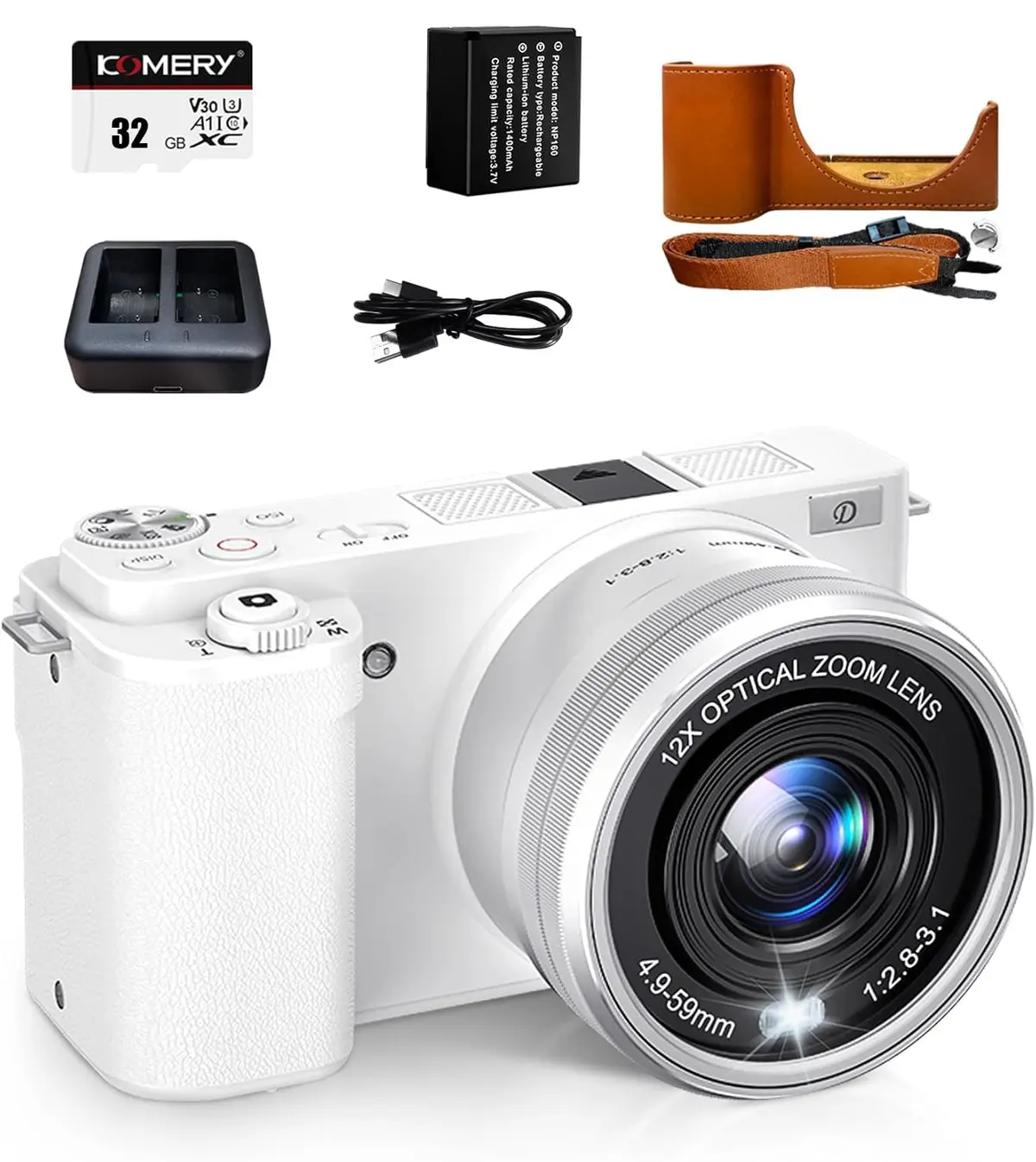 Câmera Digital 4K 64MP Branca com Zoom Óptico 12X, Tela Flip Touch 2.88" para Selfie e Vlog, Flash LED, WiFi, Câmera Compacta para Iniciantes e Criadores de Conteúdo