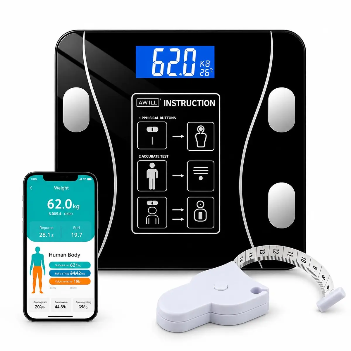 Balança Digital Corporal Bioimpedância 180kg com Fita Métrica Corporal - 1