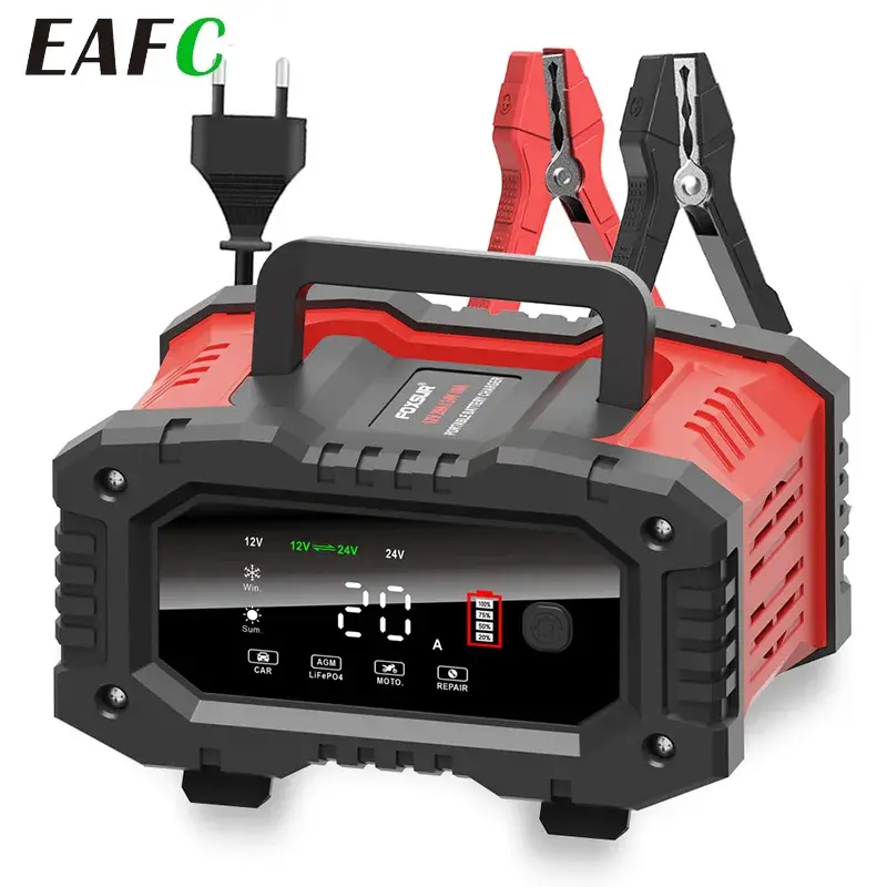 Carregador de Bateria Totalmente Automático EAFC 12v/24v, Carregador de Bateria de Carro Inteligente de 7 Segmentos com Reparo por Pulso para Carregamento de Baterias de Chumbo-Ácido, AGM, Gel e Úmidas